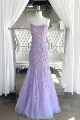 Mermaid Spaghetti Straps Long Lace Appliques Prom Dress. Tulle Evening Dress OK1195
