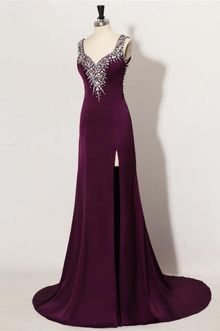 Sweep Train Plum Beaded Long Front Split Mermaid Prom Dress For Teens K740