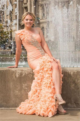 Pink One Shoulder Lace Up Front Split Long Beading Prom Dress K705