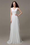 V-neck White Open Back Chiffon Long Simple Plus Size Beach Wedding Dress W29