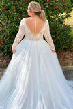 Off White Lace Top V-Neck Long Sleeves Backless Wedding Dress OK1618