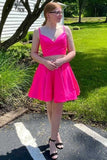 Simple Two-Piece Neon Pink V-Neck A-Line V Neck Short Homecoming Dress OK1491