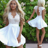 Sexy Cap Sleeves White Lace A Line Short Homecoming Dresses with Open Back OK344