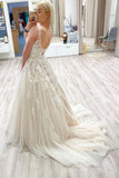 V Neck Tulle Long Prom Dress Lace Appliques A Line Evening Dress OK1173