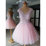 Pink V Neck Lace Appliques Homecoming Dresses, A-Line Short Prom Dress OKO69