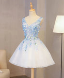 Cute V Neck Lace Applique Short Prom Dress A-line Tulle Homecoming Dress OKY21