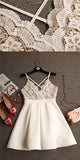 A Line V-Neck Criss-Cross Straps Short Ivory Homecoming Dresses with Lace Top OK324