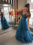 A Line Blue Tulle Lace Appliques Long Prom Dress Formal Evening Dress OK1353