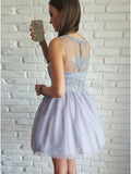 A-Line V-Neck Short Lilac Tulle Short Homecoming Dresses with Lace OK521