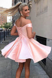 Off the Shoulder Satin A Line Short Homecoming Dresses OKN40