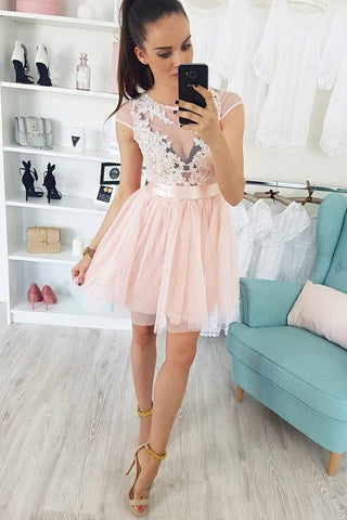 Appliques Cap Sleeve Pearl Pink Tulle Short Homecoming Dresses OKM42