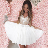 A-Line Spaghetti Straps White Homecoming Dresses with Lace Appliques OKM5