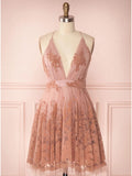 Spaghetti Straps Short Pink Homecoming Dresses Criss Cross Back OKO75