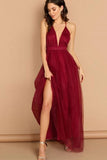 A-line V Neck Spaghetti Straps Long Chiffon Burgundy Prom Dress OKS89