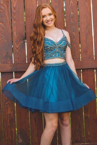 Princess A-line Two Piece Tulle Straps Beaded Short Homecoming Dress OK1001