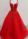 Red Tulle Lace Appliques Long Prom Dress A Line Formal Evening Dress OK1248