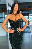 Dark Green Sequins Prom Dress Mermaid Evening Gowns With Spaghetti Straps OK1283