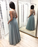 A Line Tulle Floor Length Prom Dress Beaded Long Evening Dress OKJ22