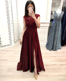 Burgundy A Line Cap Sleeves Prom Dress, Long Beading Slit Prom Gown OKK28