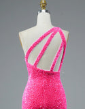Mermaid Glitter One Shoulder Open Back Prom Dress With Slit Sequins Evening Dress OK1362