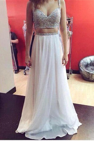 Spaghetti Straps White Chiffon Beaded Long Two Pieces Prom Dress K688