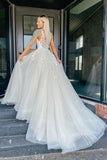 V Neck Tulle Lace Long Prom Dress Elegant A Line Wedding Dress With Appliques OK1157