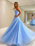 A Line Blue Lace Strapless Long Prom Dress. Sweetheart Formal Evening Dress OK1191