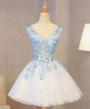 Cute V Neck Lace Applique Short Prom Dress A-line Tulle Homecoming Dress OKY21