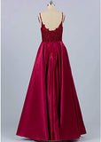 Burgundy Satin Spaghetti Straps Prom Dress Long A-line Evening Dress with Pockets OKY56