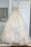 A Line V Neck Tulle Lace Appliques Long Wedding Dress Cheap Bridal Dress OK1166