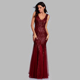 Mermaid Burgundy Tulle Long Sequined Prom Dress XU90813