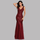 Mermaid Burgundy Tulle Long Sequined Prom Dress XU90813