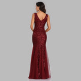 Mermaid Burgundy Tulle Long Sequined Prom Dress XU90813