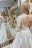 Off White Lace Appliques Long Sleeves Backless Mermaid Wedding Dress with Attached Train OK1594