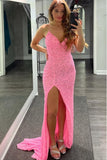 Elegant Long Mermaid Sequined Pink Prom Dress Formal Evening Gowns With Straps OK1440