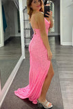 Elegant Long Mermaid Sequined Pink Prom Dress Formal Evening Gowns With Straps OK1440