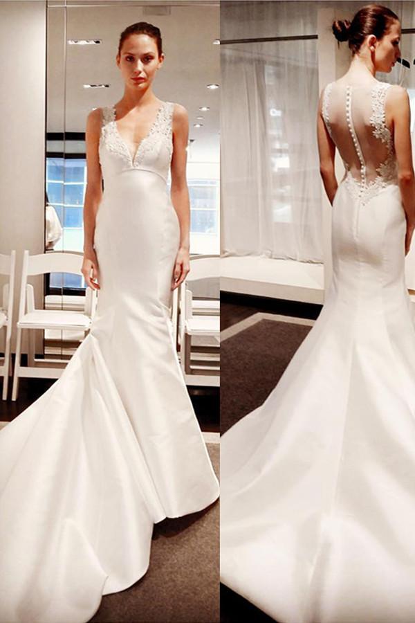 Sleeveless Button Mermaid Gorgeous V-Neck Satin Wedding Dresses With Lace Appliques OK539