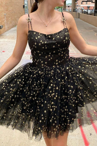 Starry Night Black A-line Homecoming Dress Star Sequin Short Prom Dress OKZ75