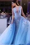 Sky Blue Tulle Sleeveless Scoop Appliques Long Prom Dress OK1304