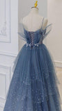 A Line Blue Tulle Long Prom Dress Spaghetti Straps Evening Party Dress OK1170