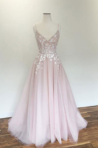 Light Pink V Neck Tulle Long Spaghetti Straps Appliques Prom Dresses OKB57