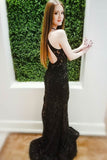 Sexy Black Lace Mermaid Long Sleeveless Keyhole Prom Dresses with Open Back OK983