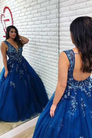 Ball Gown Royal Blue Beaded Long Plus Size Prom Gowns with Open Back OKL1