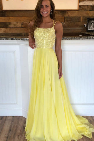 Criss Cross Back Beaded Yellow Long A Line Prom Dresses OKK80