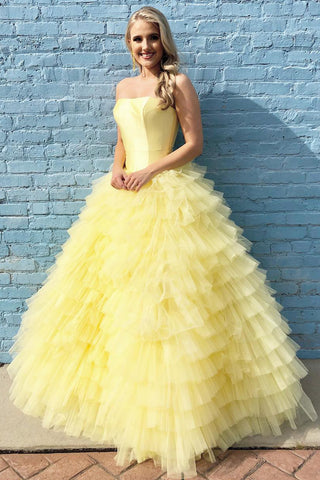 Princess Strapless Tiered Floor Length Yellow Ball Gowns Prom Dress OKL3