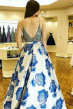 Classy Spaghetti Straps Beading Floral Print Prom Dresses OKL97