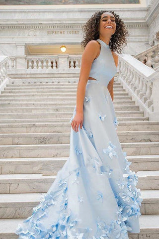 Flowers Appliques Light Sky Blue Prom Dresses OKL99