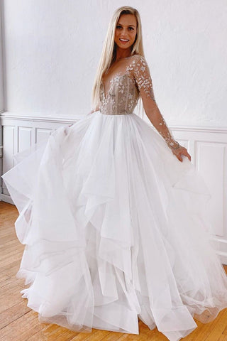 White A Line Tulle Appliques Long Sleeves Prom Dresses Stunning Evening Dress OKQ39