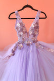 A Line V Neck Tulle Lilac Appliques Long Prom Dress. Formal Evening Dress OK1188