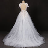 Off White A Line Short Sleeves Lace Appliques Wedding Dresses, Bridal Gown OKQ32